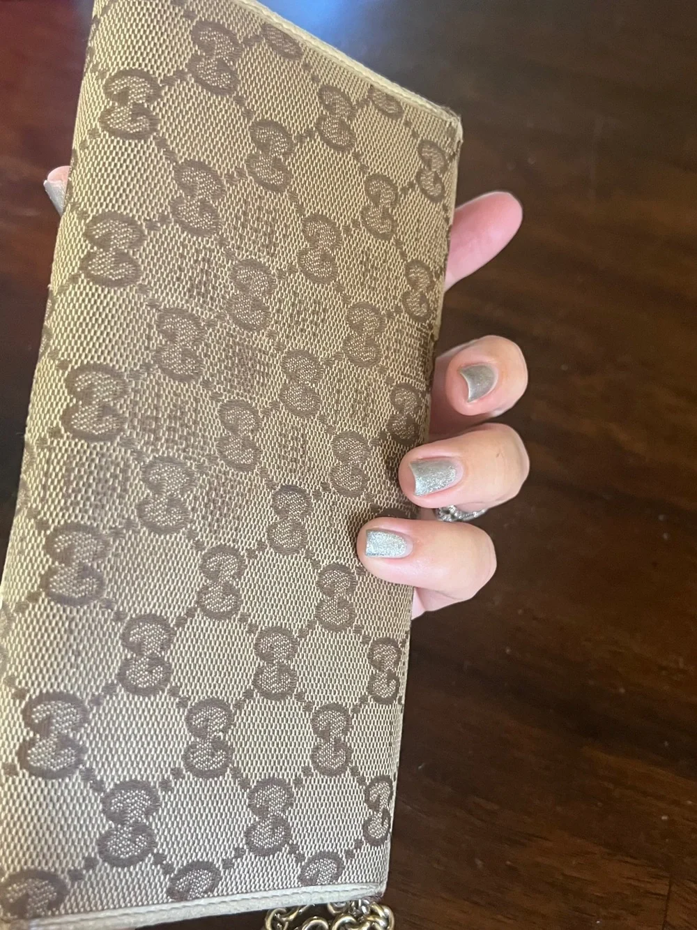Gucci Brown Beige Monogram Canvas Chain Clutch
